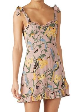 Reformation Christine Mini Dress Toucan Print Ruffle Tie Strap Size 8
